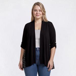Plus Size Cure Roll Tab Sleeve Grid Chiffon Back Cardigan
